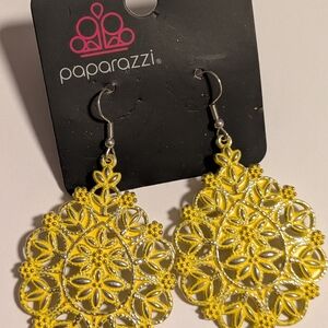 paparazzi Bright Yellow Filigree Floral Drop Earrings